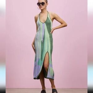 House of Sunny Multicolor Striped Halter Midi Dress in Green and Lavender